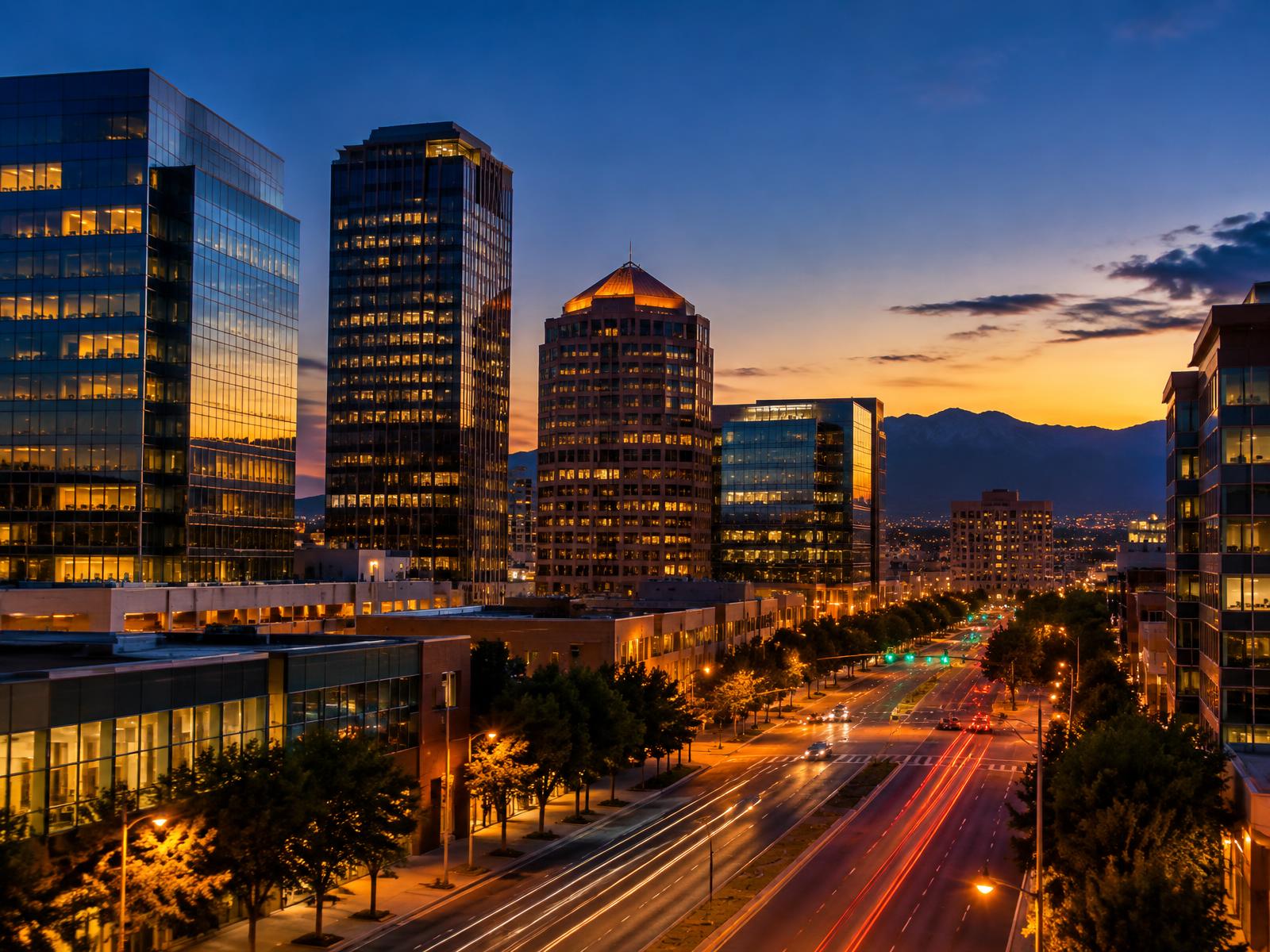 Downtown Albuquerque towers at dusk with the Sandia Mountains beyond